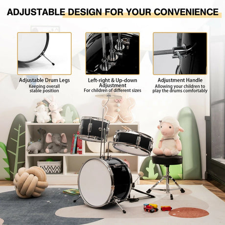 5 Pieces Junior Drum Set with 5 Drums-Black