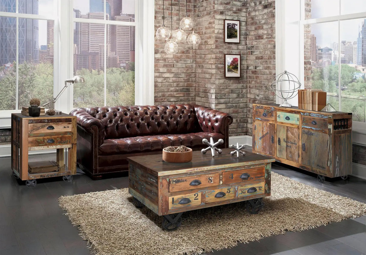 Giner and Colomer - Recycled Wood Coffee Table (5 Drawers, Folding Top & Iron Wheels)