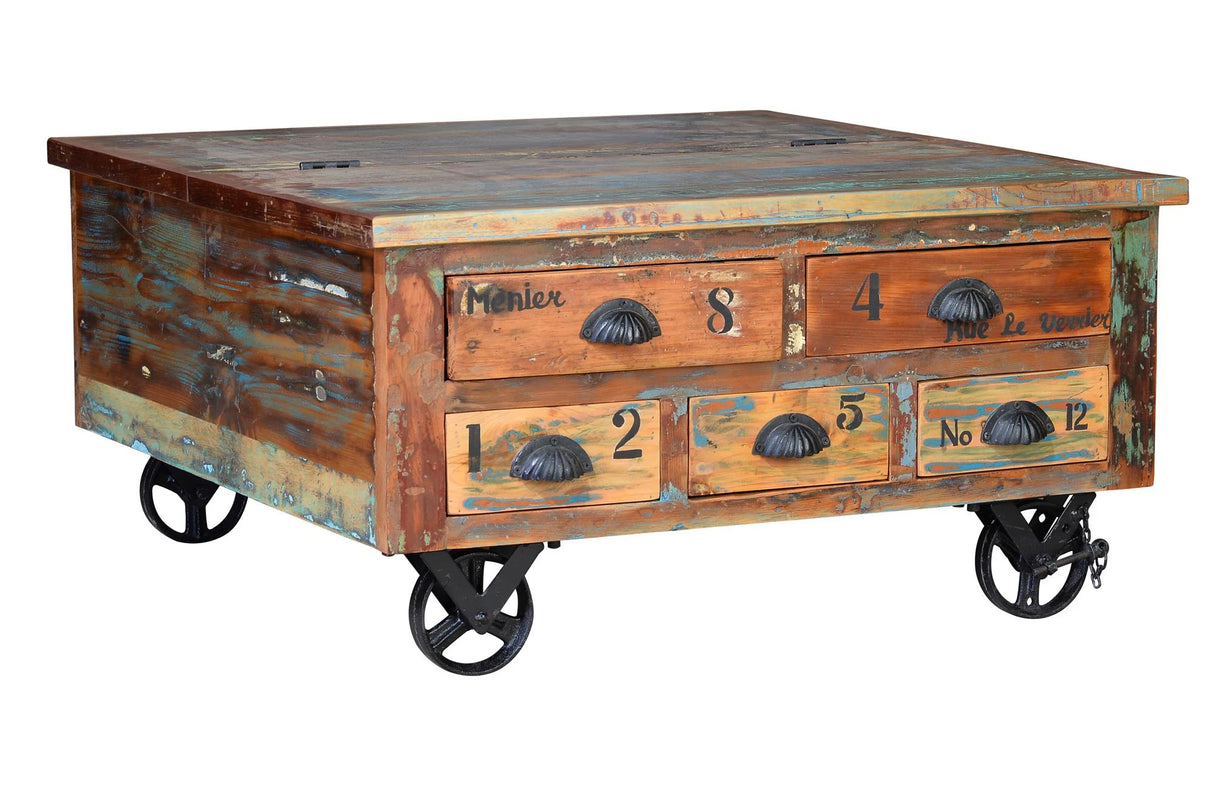 Giner and Colomer - Recycled Wood Coffee Table (5 Drawers, Folding Top & Iron Wheels)