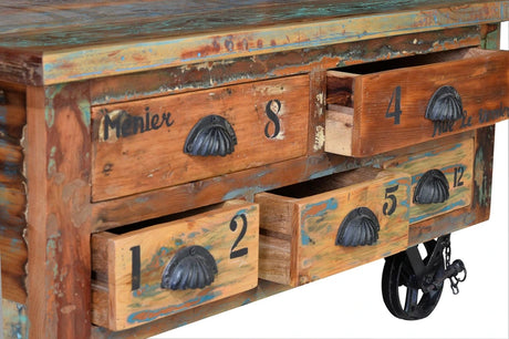 Giner and Colomer - Recycled Wood Coffee Table (5 Drawers, Folding Top & Iron Wheels)