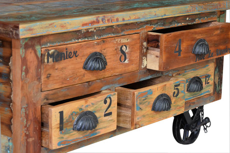 Giner and Colomer - Recycled Wood Coffee Table (5 Drawers, Folding Top & Iron Wheels)
