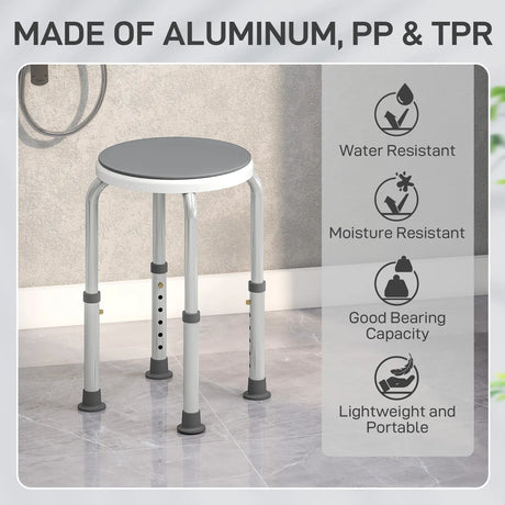 HOMCOM 360 Swivel Shower Chair, Height Adjustable Aluminium Shower Stool with Non-Slip Feet for Disabled, Elderly, Grey