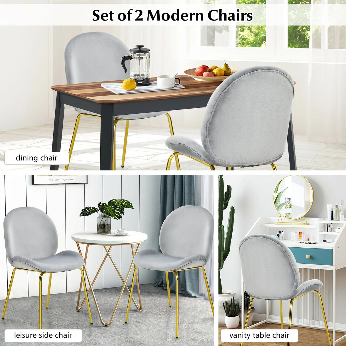 Set of 2 Velvet Dining Chair with Golden Finished Steel Legs-Grey