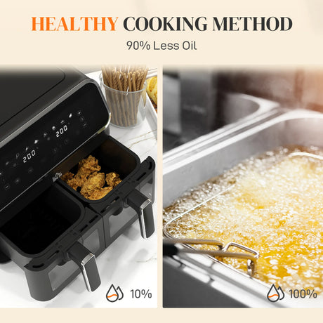 HOMCOM 8L Dual Basket Air Fryer, 80-200, with Sync Function - Black/Silver