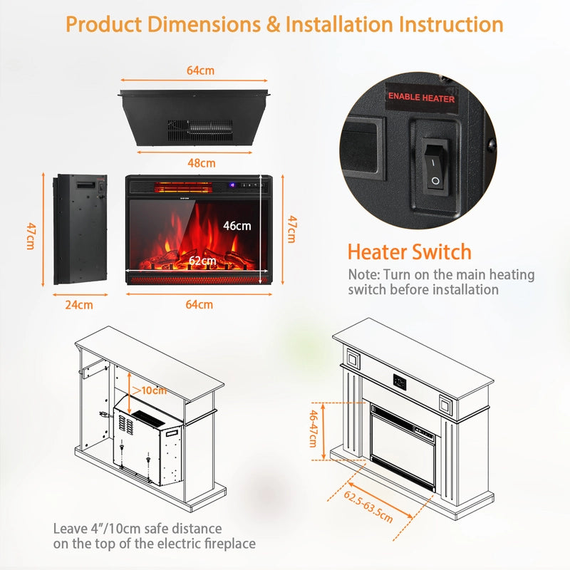 64cm Electric Fireplace Wall Mounted with Remote and Thermostat