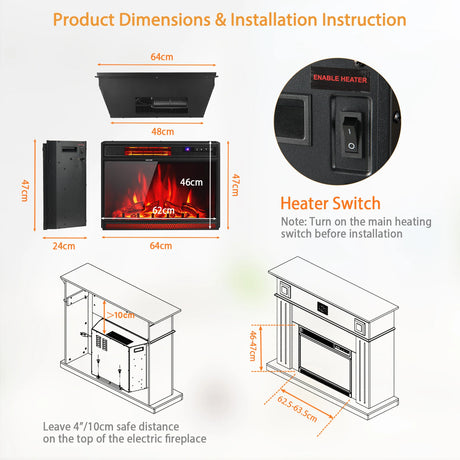 64cm Electric Fireplace Wall Mounted with Remote and Thermostat