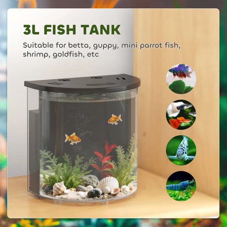 PawHut 3L Small Fish Tank with Filter System, LED Light, Small Fish Tank for Betta, Goldfish, Shrimp, Black