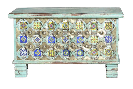 Giner and Colomer - Mango Wood Chest With Top Opening, Bronze & Ceramic Details
