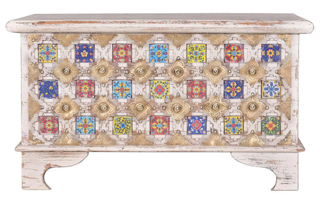 Giner and Colomer - Mango Wood Chest With Top Opening, Ceramic & Bronze Details