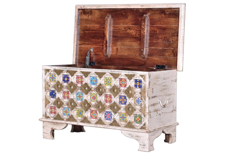 Giner and Colomer - Mango Wood Chest With Top Opening, Ceramic & Bronze Details