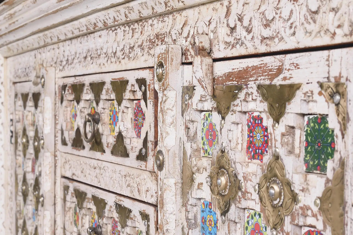 Giner and Colomer - Mango Wood Sideboard (2 Doors, 4 Drawers) With Ceramic & Bronze Details