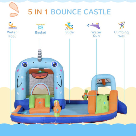 Outsunny Kids Inflatable Bouncy Castle, Narwhal Style Bouncy House, with Inflator, Carry