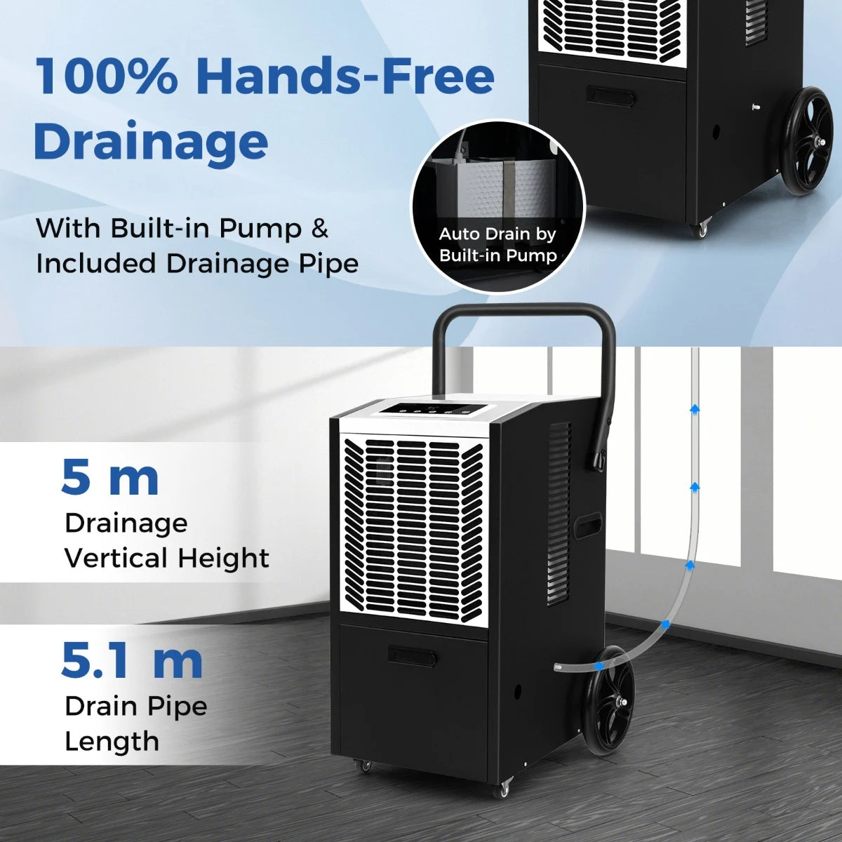 66 L/Day Commercial Dehumidifier with Pump and Drain Hose for Basement Warehouse Job Site-White