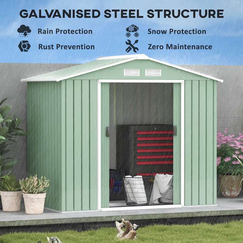 Outsunny 7 x 4ft Metal Garden Shed, Outdoor Storage Tool House with Ventilation Slots, Foundation Kit and Lockable Double Doors, Light Green