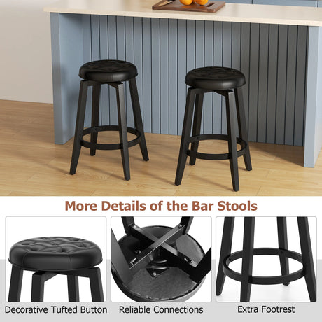 360 Swivel Upholstered Rubberwood Frame Bar Stool Set of 2 with Footrest-24 inches