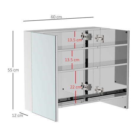 HOMCOM Bathroom Mirror Cabinet, Stainless Steel Wall Mounted  Bathroom Storage Cabinet with Double Doors, 60x55cm