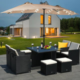 15 Ft Solar LED Patio Double-sided Umbrella Market Umbrella with Weight Base-Beige