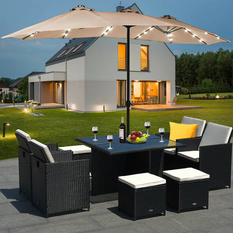 15 Ft Solar LED Patio Double-sided Umbrella Market Umbrella with Weight Base-Beige