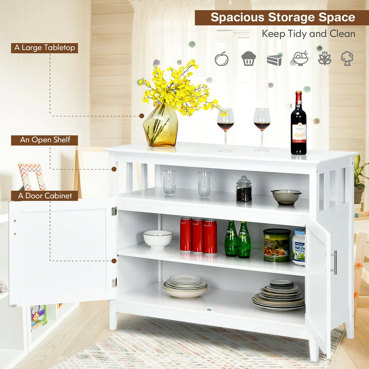 2-Door Sideboard with Open Shelf &amp; 5-Position Shelf for Kitchen &amp; Dining Room-White