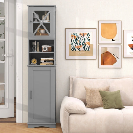Narrow Tall Bathroom Freestanding Storage Cabinet with 5 Adjustable Shelves-Grey