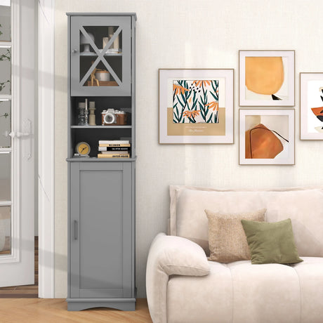 Narrow Tall Bathroom Freestanding Storage Cabinet with 5 Adjustable Shelves-Grey