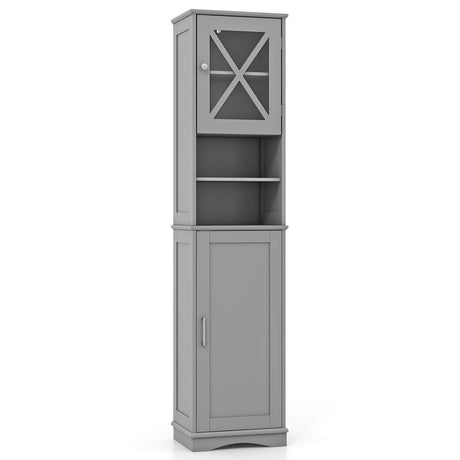 Narrow Tall Bathroom Freestanding Storage Cabinet with 5 Adjustable Shelves-Grey