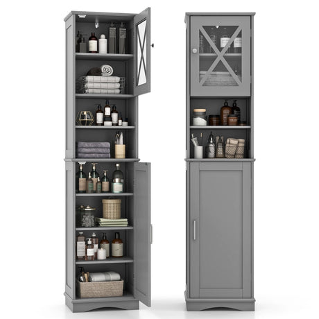 Narrow Tall Bathroom Freestanding Storage Cabinet with 5 Adjustable Shelves-Grey