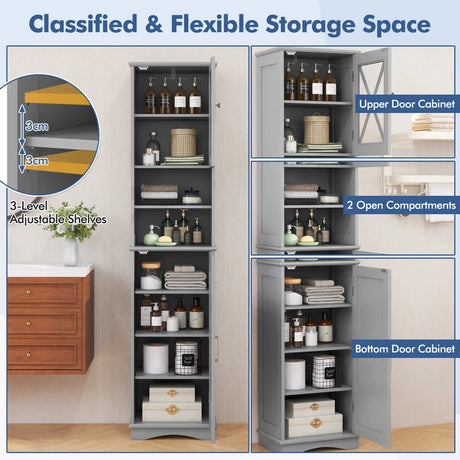 Narrow Tall Bathroom Freestanding Storage Cabinet with 5 Adjustable Shelves-Grey
