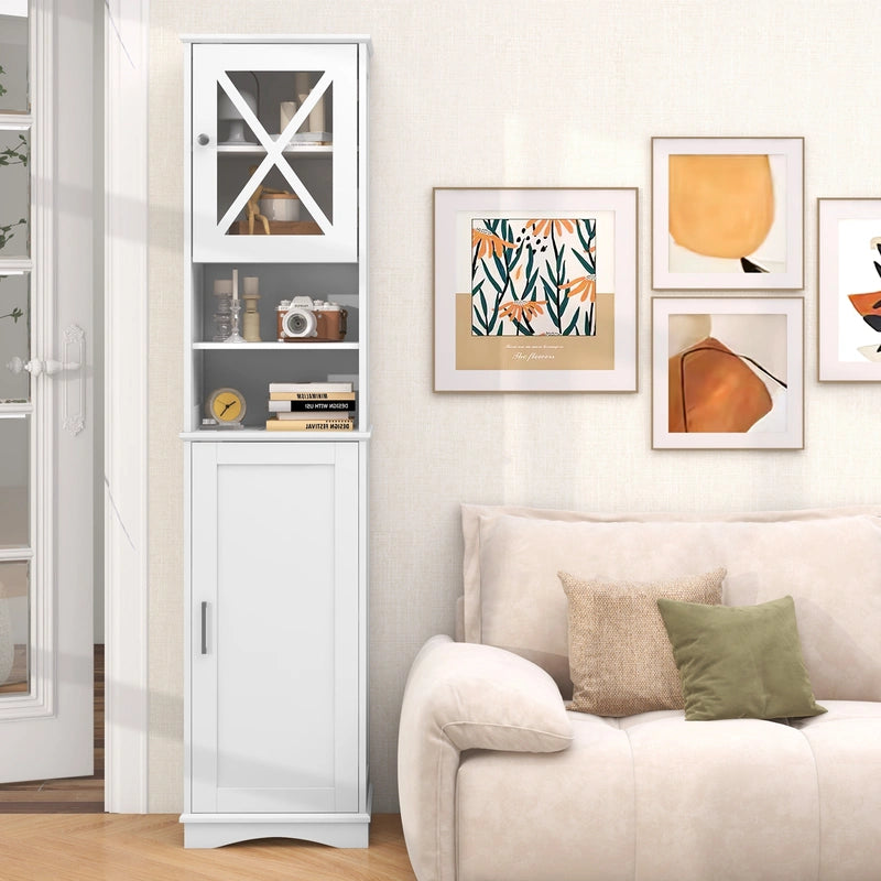 Narrow Tall Bathroom Freestanding Storage Cabinet with 5 Adjustable Shelves-White