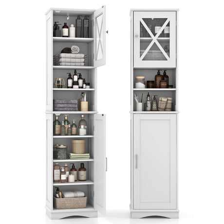 Narrow Tall Bathroom Freestanding Storage Cabinet with 5 Adjustable Shelves-White