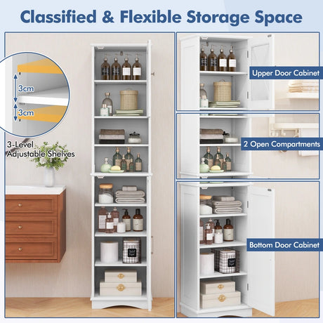 Narrow Tall Bathroom Freestanding Storage Cabinet with 5 Adjustable Shelves-White