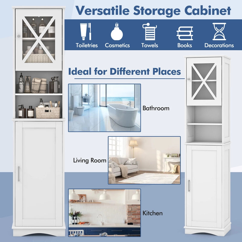 Narrow Tall Bathroom Freestanding Storage Cabinet with 5 Adjustable Shelves-White