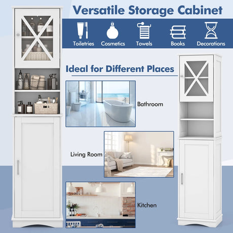 Narrow Tall Bathroom Freestanding Storage Cabinet with 5 Adjustable Shelves-White