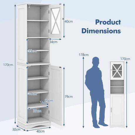 Narrow Tall Bathroom Freestanding Storage Cabinet with 5 Adjustable Shelves-White