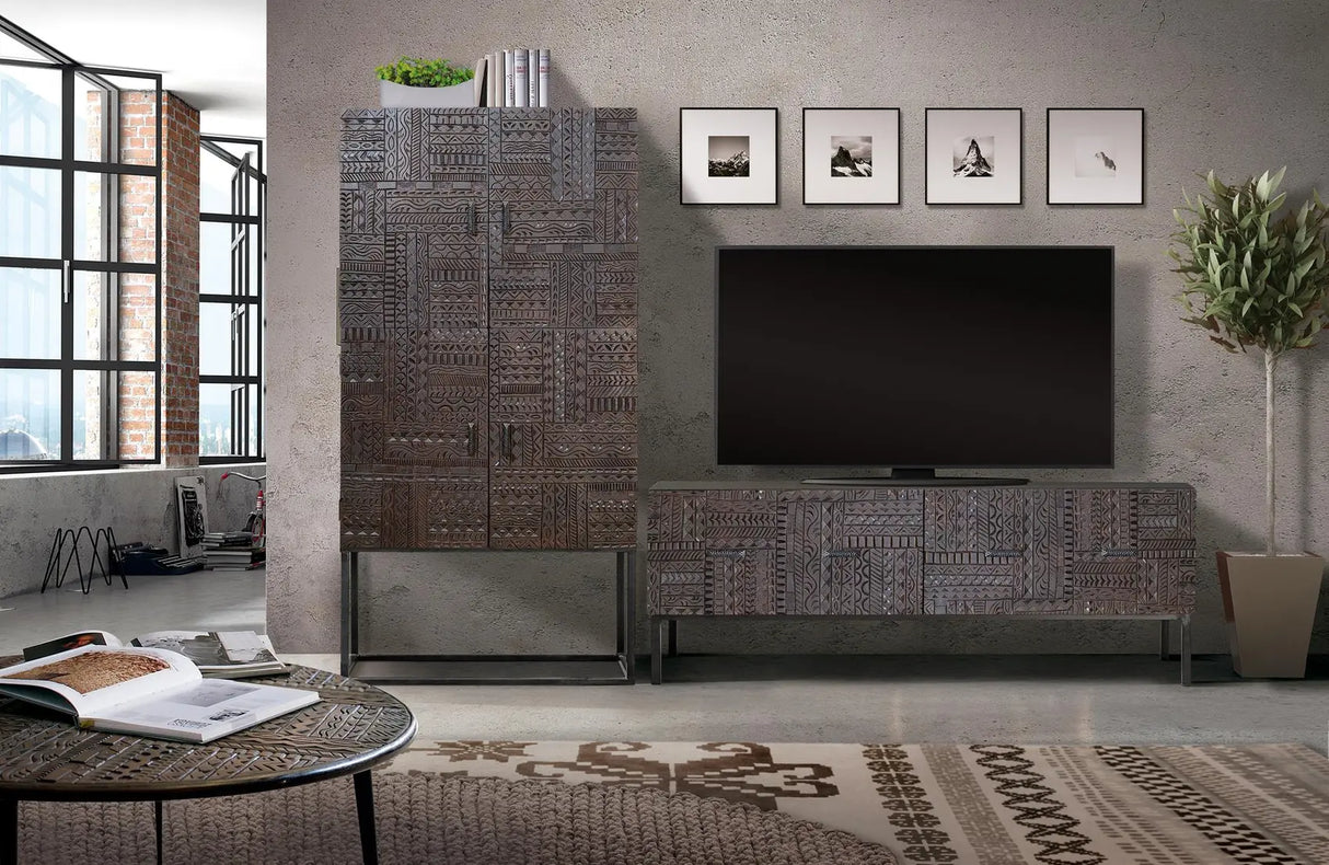 Giner and Colomer - Solid Mango Wood Display Cabinet With Hand-Carved Hieroglyphic Doors