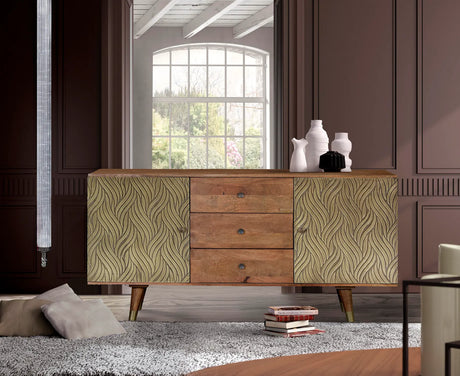 Giner and Colomer - Mango Wood Sideboard With 3 Drawers & 2 Bronze-Relief Doors