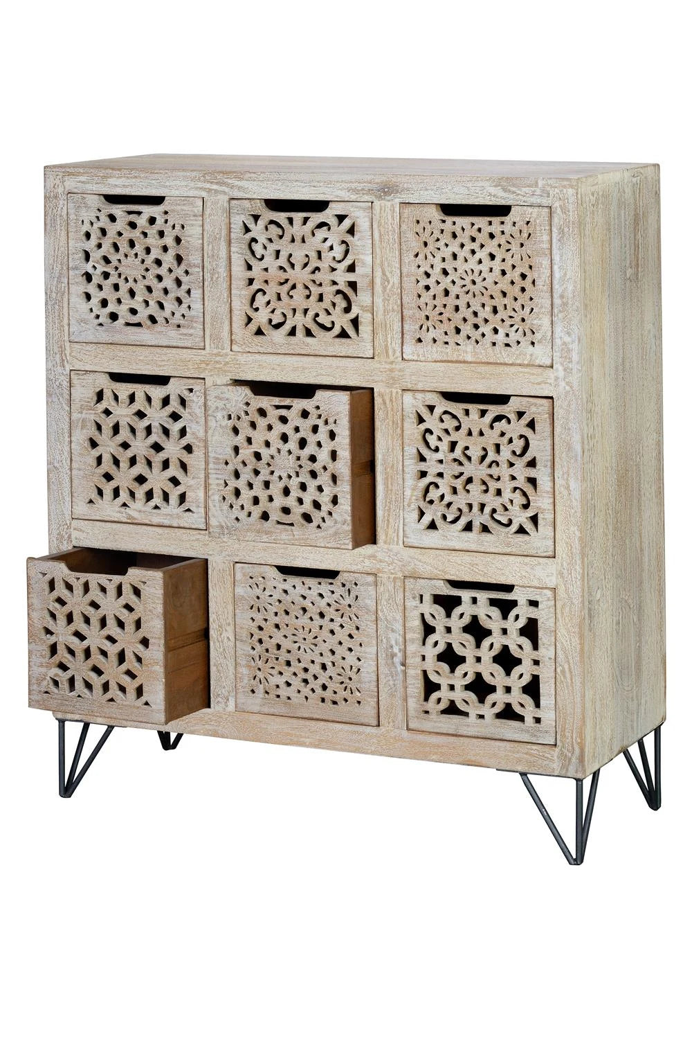 Giner and Colomer - Mango Wood Drawer Chest With Varied Front Designs & Iron Legs
