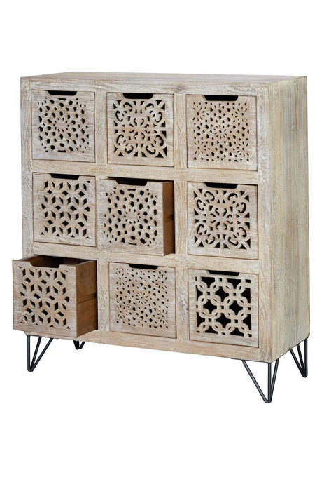Giner and Colomer - Mango Wood Drawer Chest With Varied Front Designs & Iron Legs