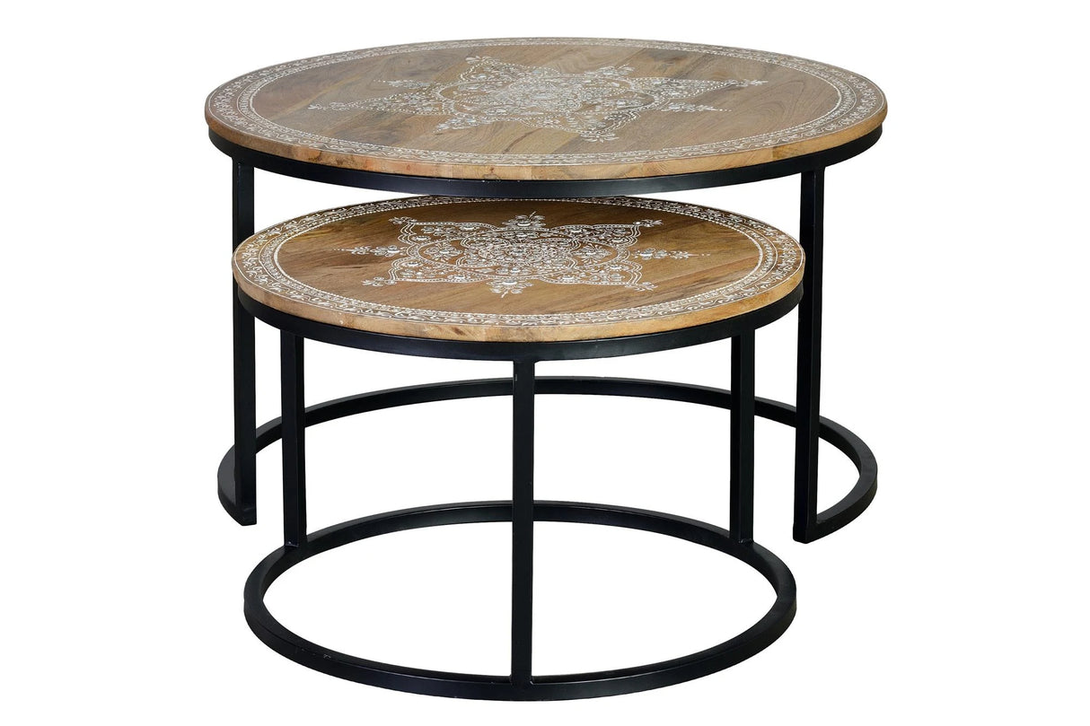 Giner and Colomer - Set Of 2 Mango Wood & Iron Tables With Hand-Painted Tops