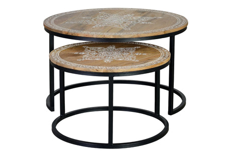 Giner and Colomer - Set Of 2 Mango Wood & Iron Tables With Hand-Painted Tops
