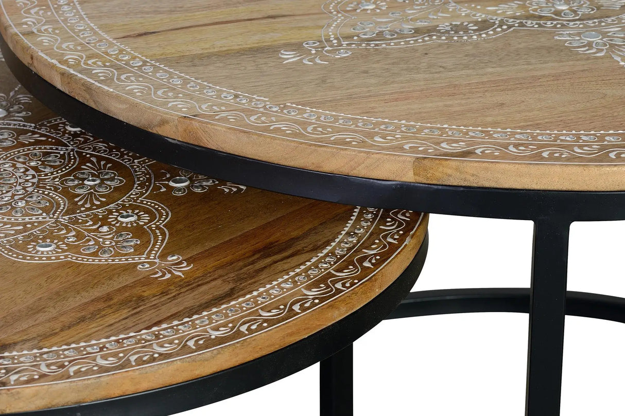 Giner and Colomer - Set Of 2 Mango Wood & Iron Tables With Hand-Painted Tops