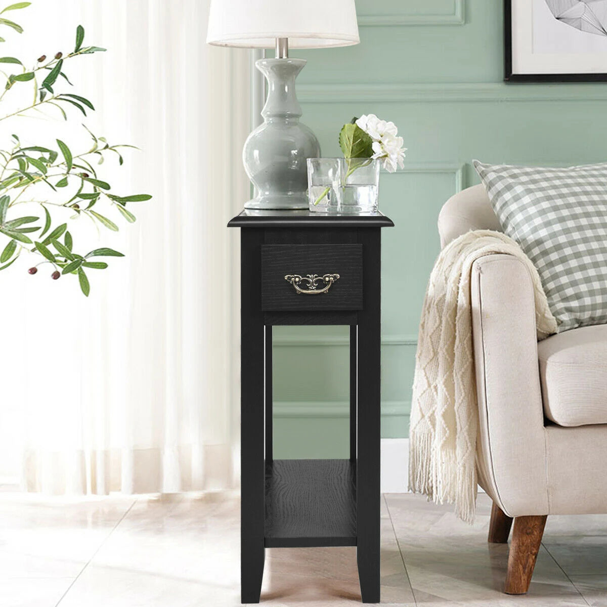 2 Tier End Bedside Sofa Side Table Narrow Nightstand-Black