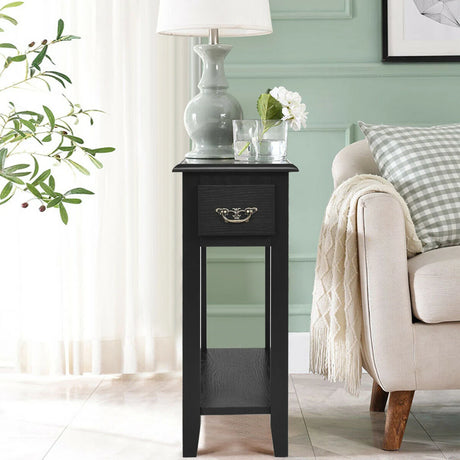 2 Tier End Bedside Sofa Side Table Narrow Nightstand-Black