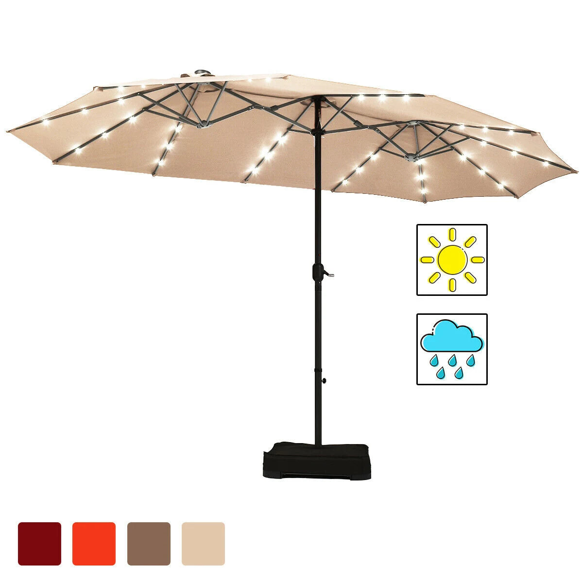 15 Ft Solar LED Patio Double-sided Umbrella Market Umbrella with Weight Base-Beige