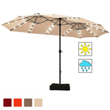 15 Ft Solar LED Patio Double-sided Umbrella Market Umbrella with Weight Base-Beige