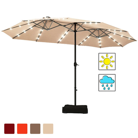 15 Ft Solar LED Patio Double-sided Umbrella Market Umbrella with Weight Base-Beige