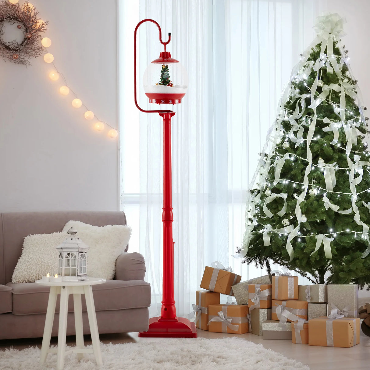 68 Inch Christmas Lamp Post with Sound-Activated Snow Globe Lantern-Red