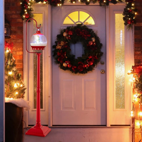 68 Inch Christmas Lamp Post with Sound-Activated Snow Globe Lantern-Red