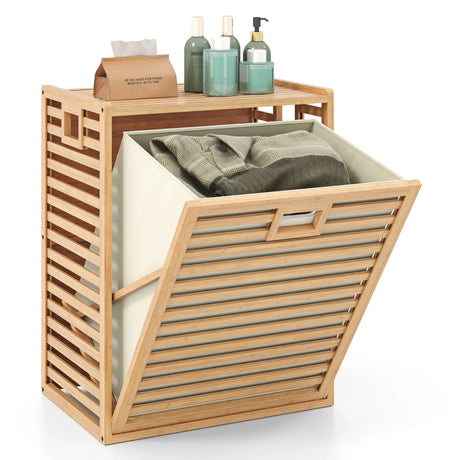 68 L Bamboo Tilt-out Bathroom Laundry Hamper with Foldable Bin-Natural