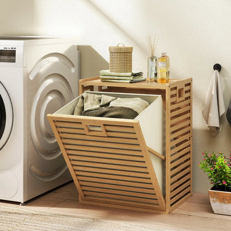 68 L Bamboo Tilt-out Bathroom Laundry Hamper with Foldable Bin-Natural